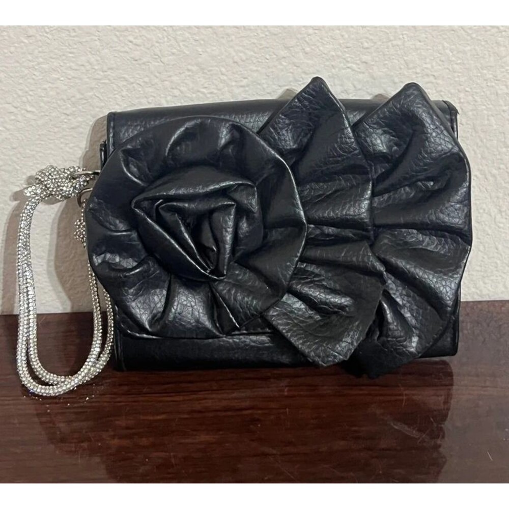 Giannini Clutch Evening Bag Black Flower Design with Rhinestone Wrist Strap